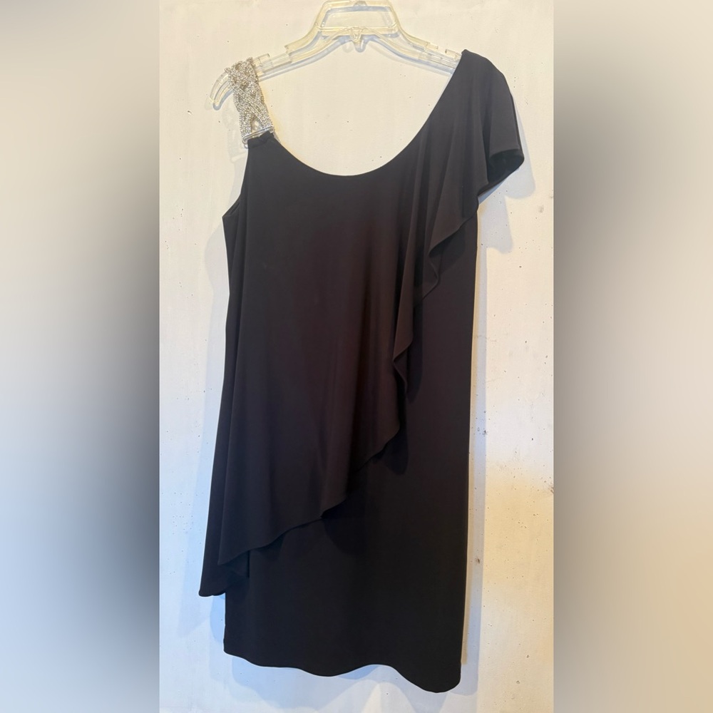 DJ-Jaz black asymmetrical cocktail dress with rhinestone shoulder strap